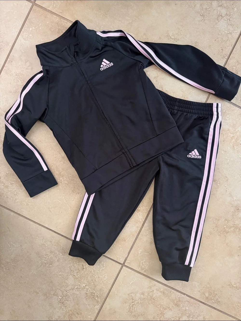 adidas Black Tracksuit with Light Pink Stripes